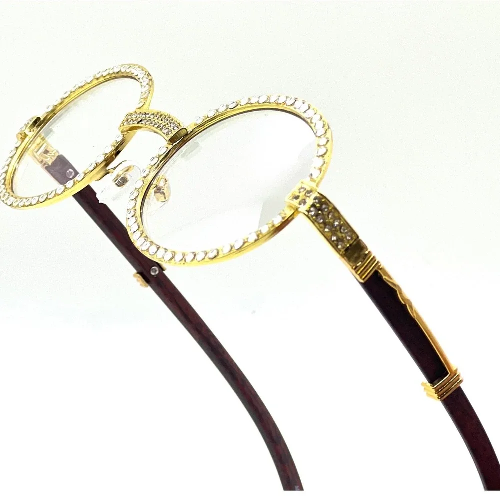 Rhinestone Glasses Oval Clear‎ Lens Gold Frame Wood Arm Fashion Eyewear Lentes